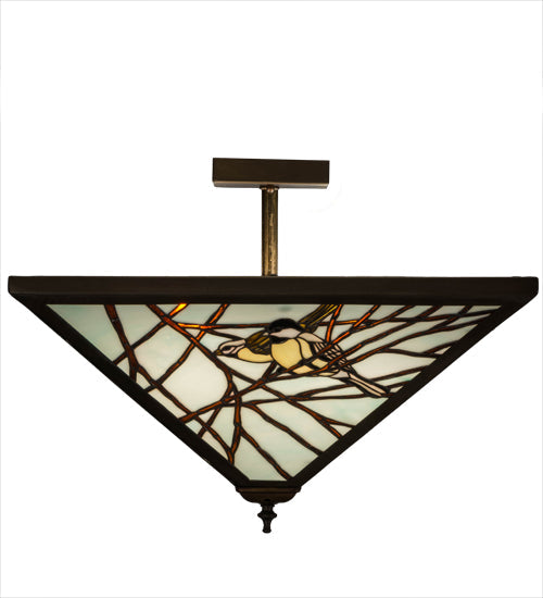 Meyda Lighting Backyard Friends 30" 4-Light Antique Copper Flush Mount Light With Multi-Colored Stained Shade Glass