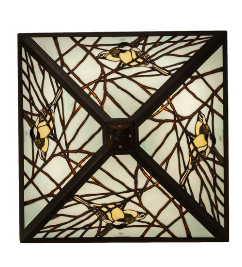 Meyda Lighting Backyard Friends 30" 4-Light Antique Copper Flush Mount Light With Multi-Colored Stained Shade Glass