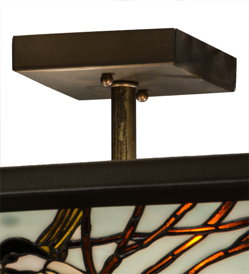 Meyda Lighting Backyard Friends 30" 4-Light Antique Copper Flush Mount Light With Multi-Colored Stained Shade Glass