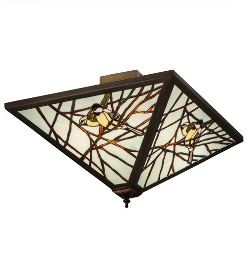 Meyda Lighting Backyard Friends 30" 4-Light Antique Copper Flush Mount Light With Multi-Colored Stained Shade Glass