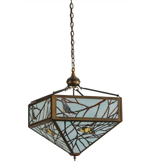 Meyda Lighting Backyard Friends 30" 4-Light Antique Copper Inverted Pendant Light With Amber and Blue Shade Glass