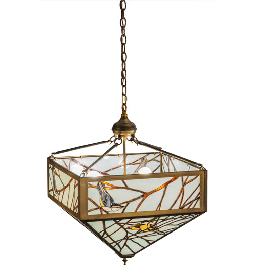 Meyda Lighting Backyard Friends 30" 4-Light Antique Copper Inverted Pendant Light With Amber and Blue Shade Glass