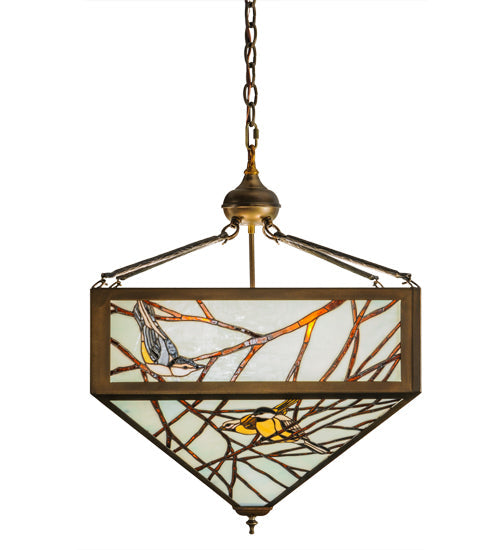 Meyda Lighting Backyard Friends 30" 4-Light Antique Copper Inverted Pendant Light With Amber and Blue Shade Glass