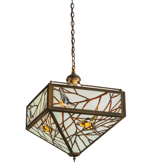 Meyda Lighting Backyard Friends 30" 4-Light Antique Copper Inverted Pendant Light With Amber and Blue Shade Glass