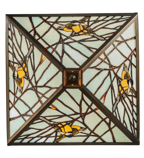 Meyda Lighting Backyard Friends 30" 4-Light Antique Copper Inverted Pendant Light With Amber and Blue Shade Glass
