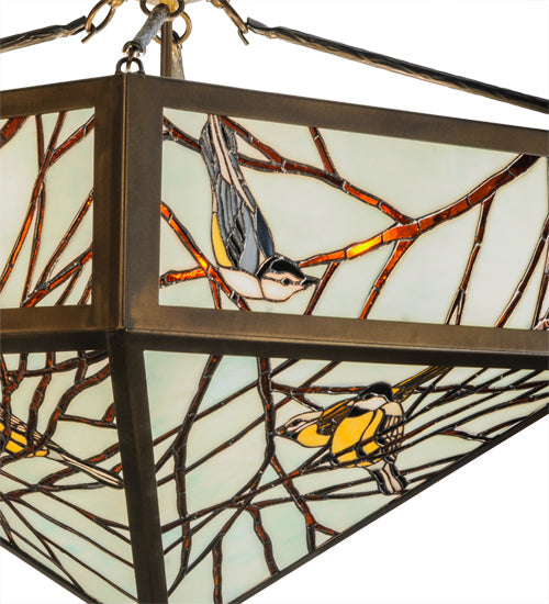 Meyda Lighting Backyard Friends 30" 4-Light Antique Copper Inverted Pendant Light With Amber and Blue Shade Glass