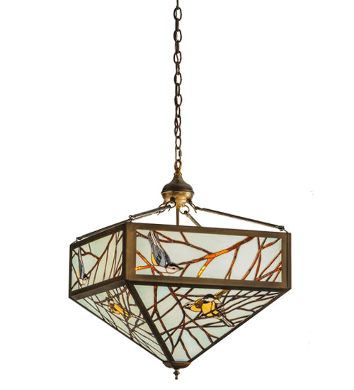 Meyda Lighting Backyard Friends 30" 4-Light Antique Copper Inverted Pendant Light With Amber and Blue Shade Glass