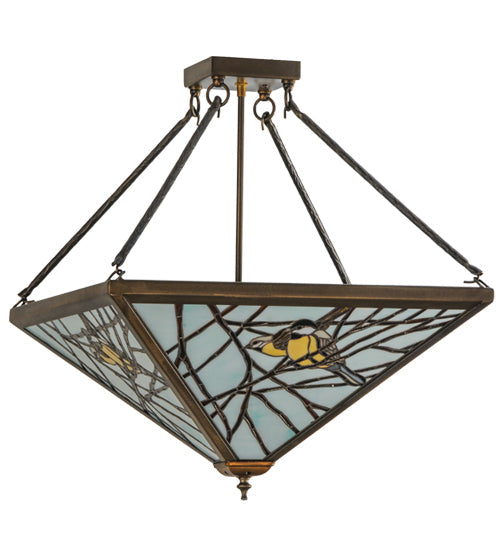 Meyda Lighting Backyard Friends 30" 4-Light Antique Copper Semi-flush Mount Ceiling Light With Amber and Blue Shade Glass