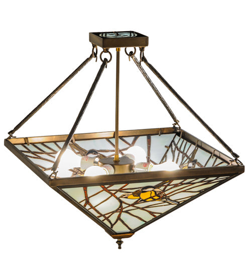 Meyda Lighting Backyard Friends 30" 4-Light Antique Copper Semi-flush Mount Ceiling Light With Amber and Blue Shade Glass