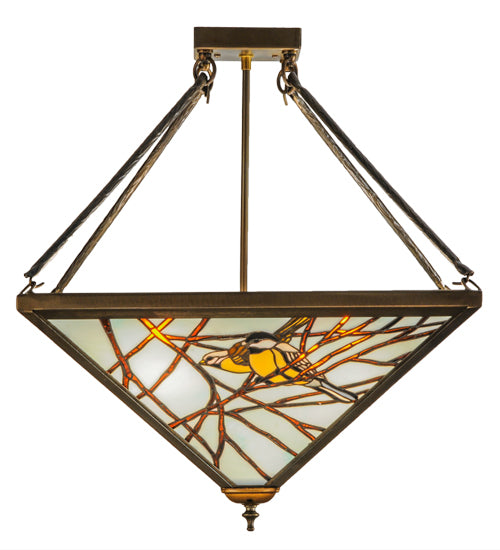 Meyda Lighting Backyard Friends 30" 4-Light Antique Copper Semi-flush Mount Ceiling Light With Amber and Blue Shade Glass