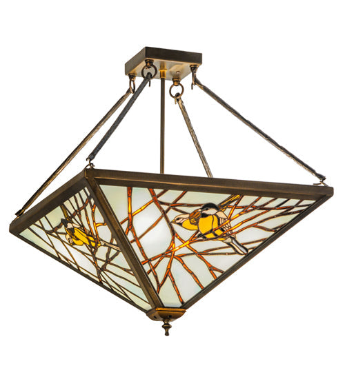 Meyda Lighting Backyard Friends 30" 4-Light Antique Copper Semi-flush Mount Ceiling Light With Amber and Blue Shade Glass