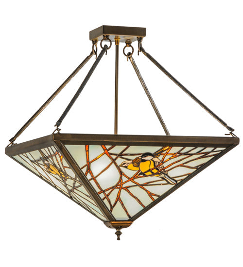 Meyda Lighting Backyard Friends 30" 4-Light Antique Copper Semi-flush Mount Ceiling Light With Amber and Blue Shade Glass