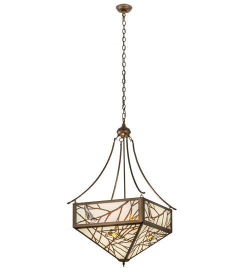 Meyda Lighting Backyard Friends 33" 4-Light Antique Copper Inverted Pendant Light With Brown & Beige Stained Shade Glass