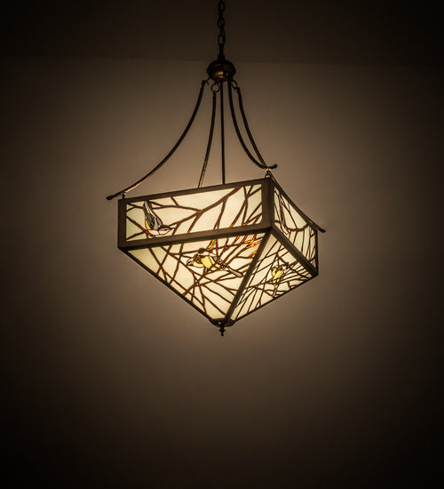 Meyda Lighting Backyard Friends 33" 4-Light Antique Copper Inverted Pendant Light With Brown & Beige Stained Shade Glass