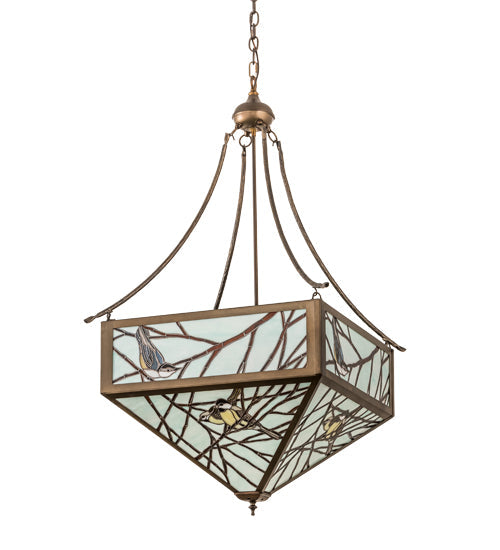 Meyda Lighting Backyard Friends 33" 4-Light Antique Copper Inverted Pendant Light With Brown & Beige Stained Shade Glass