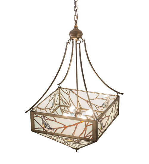 Meyda Lighting Backyard Friends 33" 4-Light Antique Copper Inverted Pendant Light With Brown & Beige Stained Shade Glass