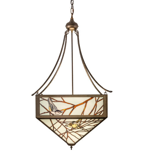 Meyda Lighting Backyard Friends 33" 4-Light Antique Copper Inverted Pendant Light With Brown & Beige Stained Shade Glass