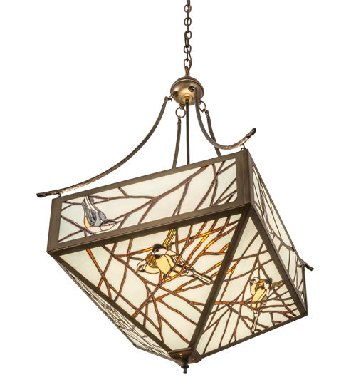 Meyda Lighting Backyard Friends 33" 4-Light Antique Copper Inverted Pendant Light With Brown & Beige Stained Shade Glass