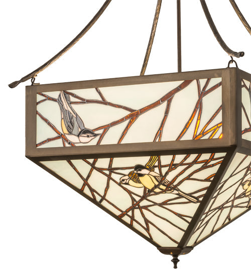 Meyda Lighting Backyard Friends 33" 4-Light Antique Copper Inverted Pendant Light With Brown & Beige Stained Shade Glass