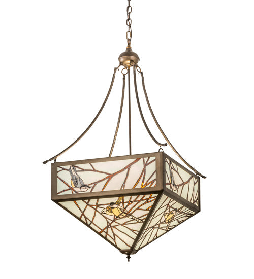 Meyda Lighting Backyard Friends 33" 4-Light Antique Copper Inverted Pendant Light With Brown & Beige Stained Shade Glass