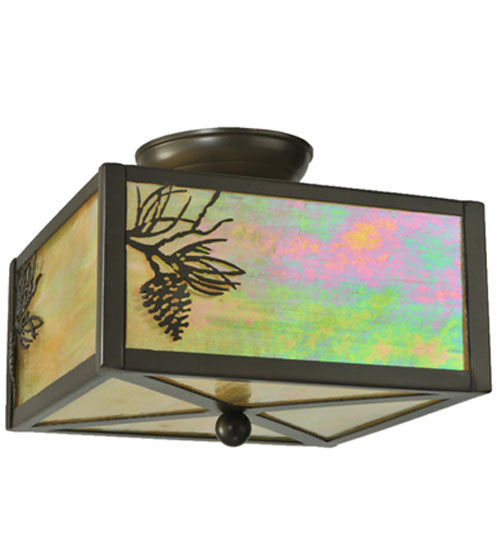 Meyda Lighting Balsam Pine 10"Sq 2-Light Timeless Bronze Flush Mount Light With Beige Iridescent Shade Glass