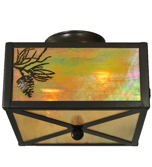 Meyda Lighting Balsam Pine 10"Sq 2-Light Timeless Bronze Flush Mount Light With Beige Iridescent Shade Glass
