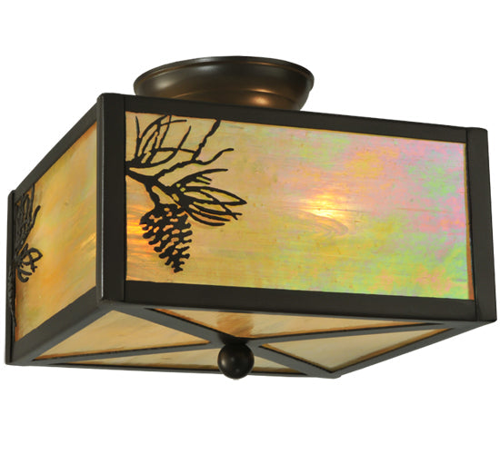 Meyda Lighting Balsam Pine 10"Sq 2-Light Timeless Bronze Flush Mount Light With Beige Iridescent Shade Glass
