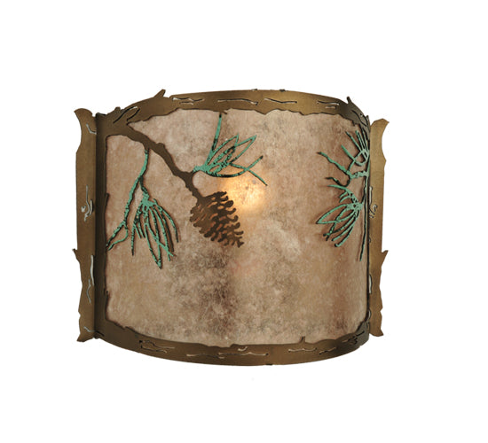 Meyda Lighting Balsam Pine 12" Antique Copper & Green Needles Wall Sconce With Silver Mica Shade Glass