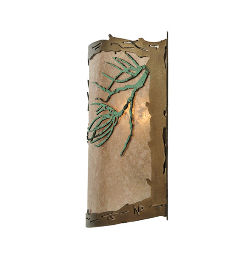 Meyda Lighting Balsam Pine 12" Antique Copper & Green Needles Wall Sconce With Silver Mica Shade Glass