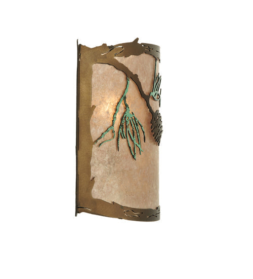 Meyda Lighting Balsam Pine 12" Antique Copper & Green Needles Wall Sconce With Silver Mica Shade Glass