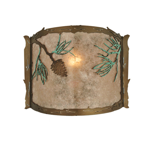 Meyda Lighting Balsam Pine 12" Antique Copper & Green Needles Wall Sconce With Silver Mica Shade Glass
