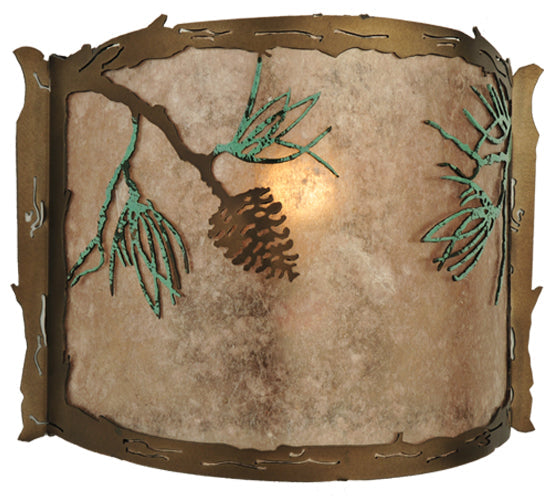 Meyda Lighting Balsam Pine 12" Antique Copper & Green Needles Wall Sconce With Silver Mica Shade Glass