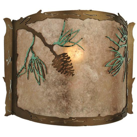 Meyda Lighting Balsam Pine 12" Antique Copper & Green Needles Wall Sconce With Silver Mica Shade Glass