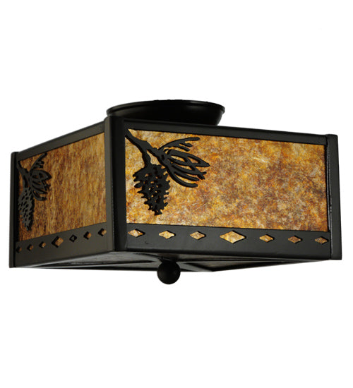 Meyda Lighting Balsam Pine 14" 2-Light Timeless Bronze Flush Mount Light With Amber Mica Shade Glass