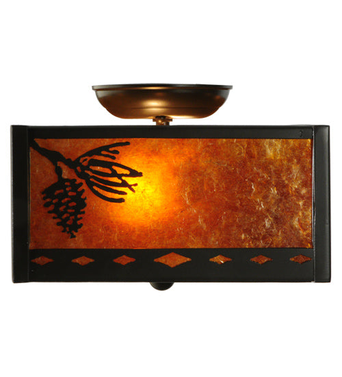 Meyda Lighting Balsam Pine 14" 2-Light Timeless Bronze Flush Mount Light With Amber Mica Shade Glass