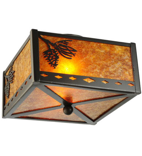 Meyda Lighting Balsam Pine 14" 2-Light Timeless Bronze Flush Mount Light With Amber Mica Shade Glass