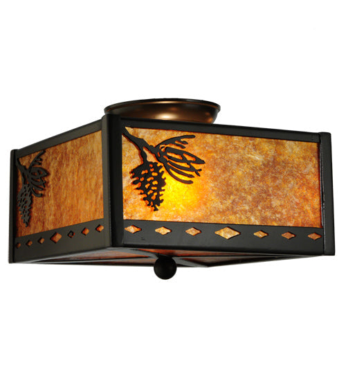 Meyda Lighting Balsam Pine 14" 2-Light Timeless Bronze Flush Mount Light With Amber Mica Shade Glass