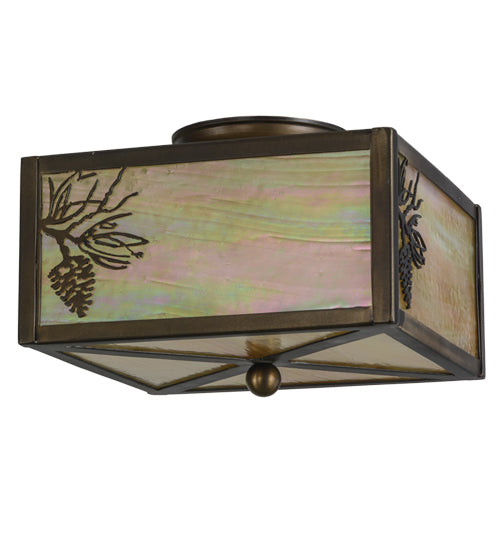 Meyda Lighting Balsam Pine 15" 2-Light Antique Copper Flush Mount Light With Beige Iridescent Shade Glass