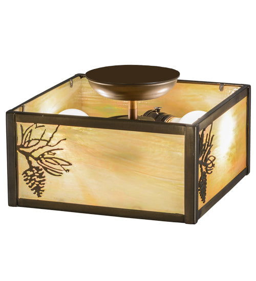Meyda Lighting Balsam Pine 15" 2-Light Antique Copper Flush Mount Light With Beige Iridescent Shade Glass