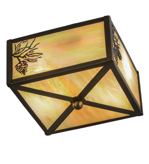 Meyda Lighting Balsam Pine 15" 2-Light Antique Copper Flush Mount Light With Beige Iridescent Shade Glass