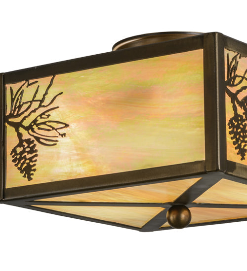 Meyda Lighting Balsam Pine 15" 2-Light Antique Copper Flush Mount Light With Beige Iridescent Shade Glass