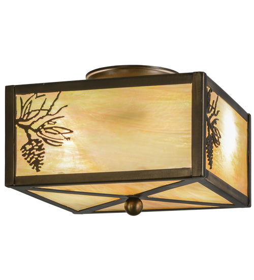 Meyda Lighting Balsam Pine 15" 2-Light Antique Copper Flush Mount Light With Beige Iridescent Shade Glass
