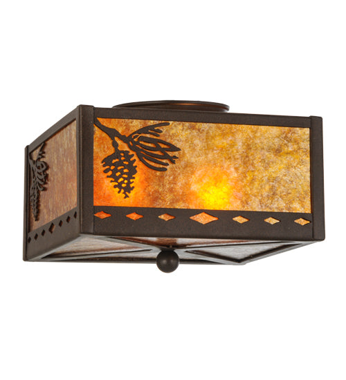 Meyda Lighting Balsam Pine 15" 2-Light Cafe Noir Flush Mount Light With Amber Mica Shade Glass