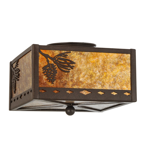 Meyda Lighting Balsam Pine 15" 2-Light Cafe Noir Flush Mount Light With Amber Mica Shade Glass