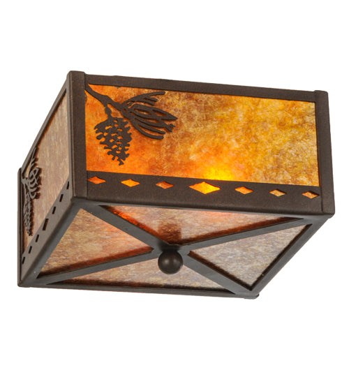 Meyda Lighting Balsam Pine 15" 2-Light Cafe Noir Flush Mount Light With Amber Mica Shade Glass