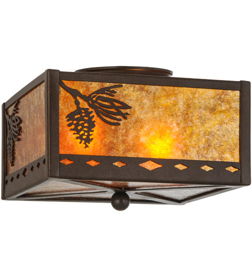 Meyda Lighting Balsam Pine 15" 2-Light Cafe Noir Flush Mount Light With Amber Mica Shade Glass