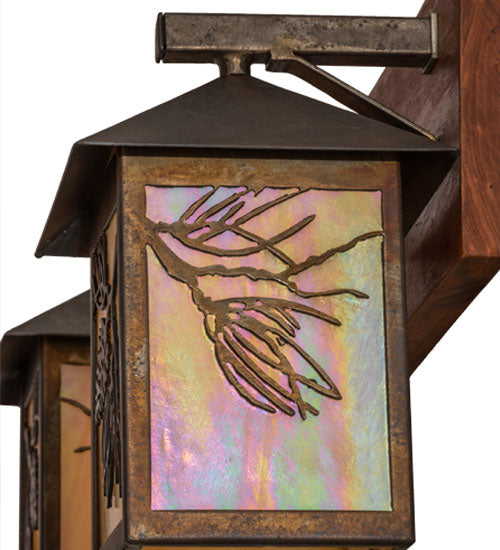 Meyda Lighting Balsam Pine 20" 2-Light Acid Steel & Natural Wood Wall Sconce With Beige Iridescent Shade Glass