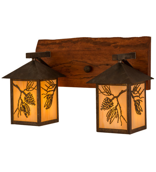 Meyda Lighting Balsam Pine 20" 2-Light Acid Steel & Natural Wood Wall Sconce With Beige Iridescent Shade Glass