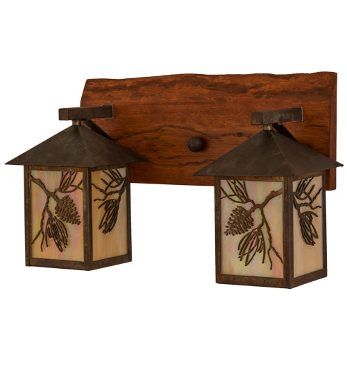 Meyda Lighting Balsam Pine 20" 2-Light Acid Steel & Natural Wood Wall Sconce With Beige Iridescent Shade Glass