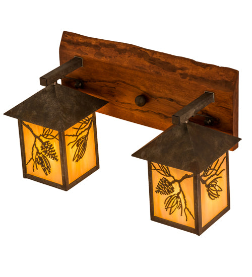 Meyda Lighting Balsam Pine 20" 2-Light Acid Steel & Natural Wood Wall Sconce With Beige Iridescent Shade Glass